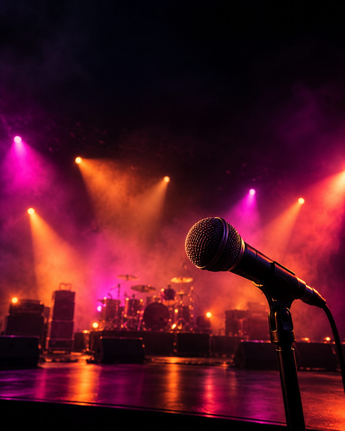 Conceptual Encore teaser: a microphone against a photographic stage with magenta and amber spotlights. No application interface is shown.