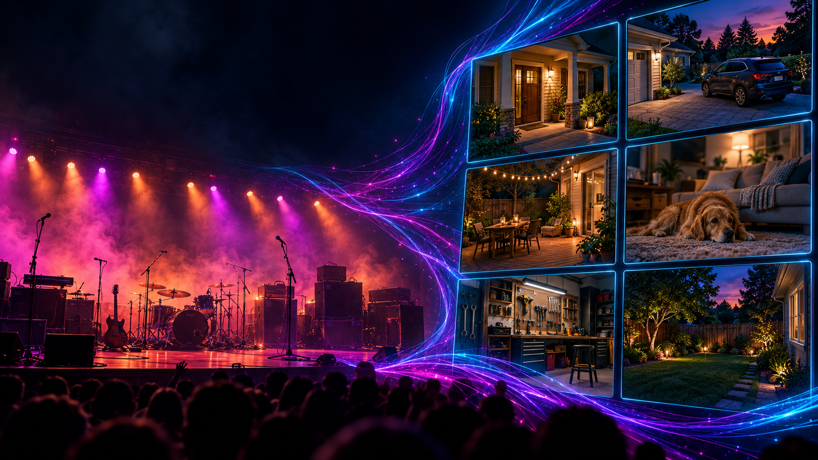 Illustrative concert stage and crowd in magenta and amber light, connected by luminous threads to six photographic camera scenes.