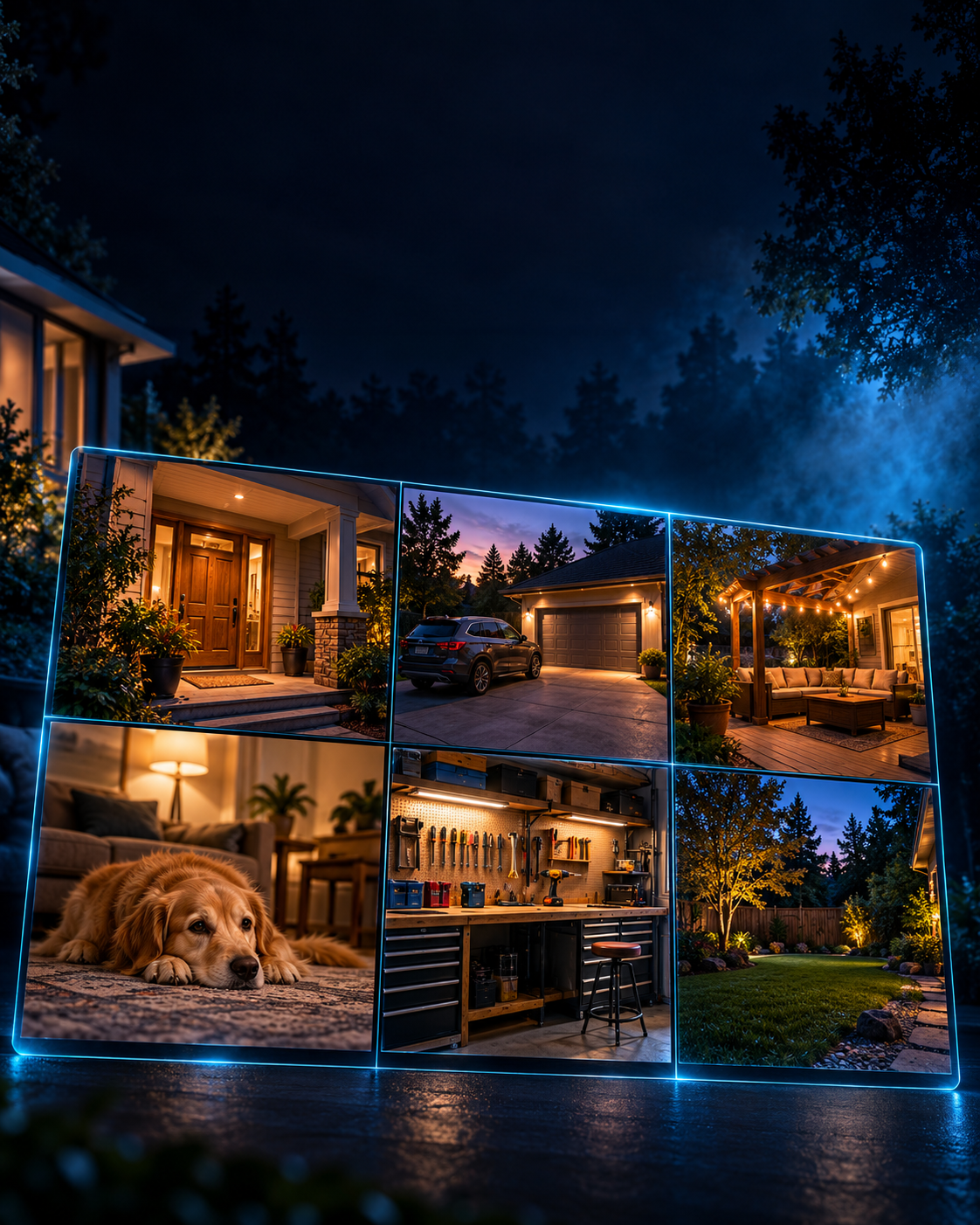 Illustrative SimpleMultiCam camera scenes: a porch, driveway, string-lit patio, dog indoors, workshop and backyard in a cyan-lit six-view montage.
